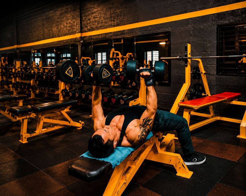 Member pressing dumbbells on an incline bench
